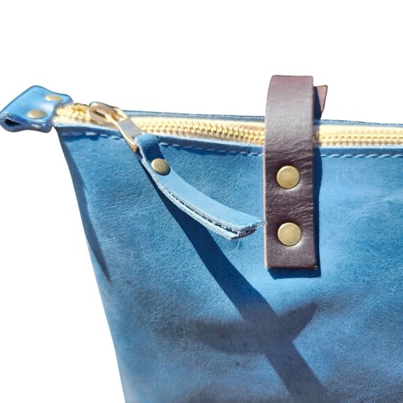 Portland Leather Limited Edition Leather Tote Bag Medium Zipper Aqua Brown Strap - Picture 10 of 12